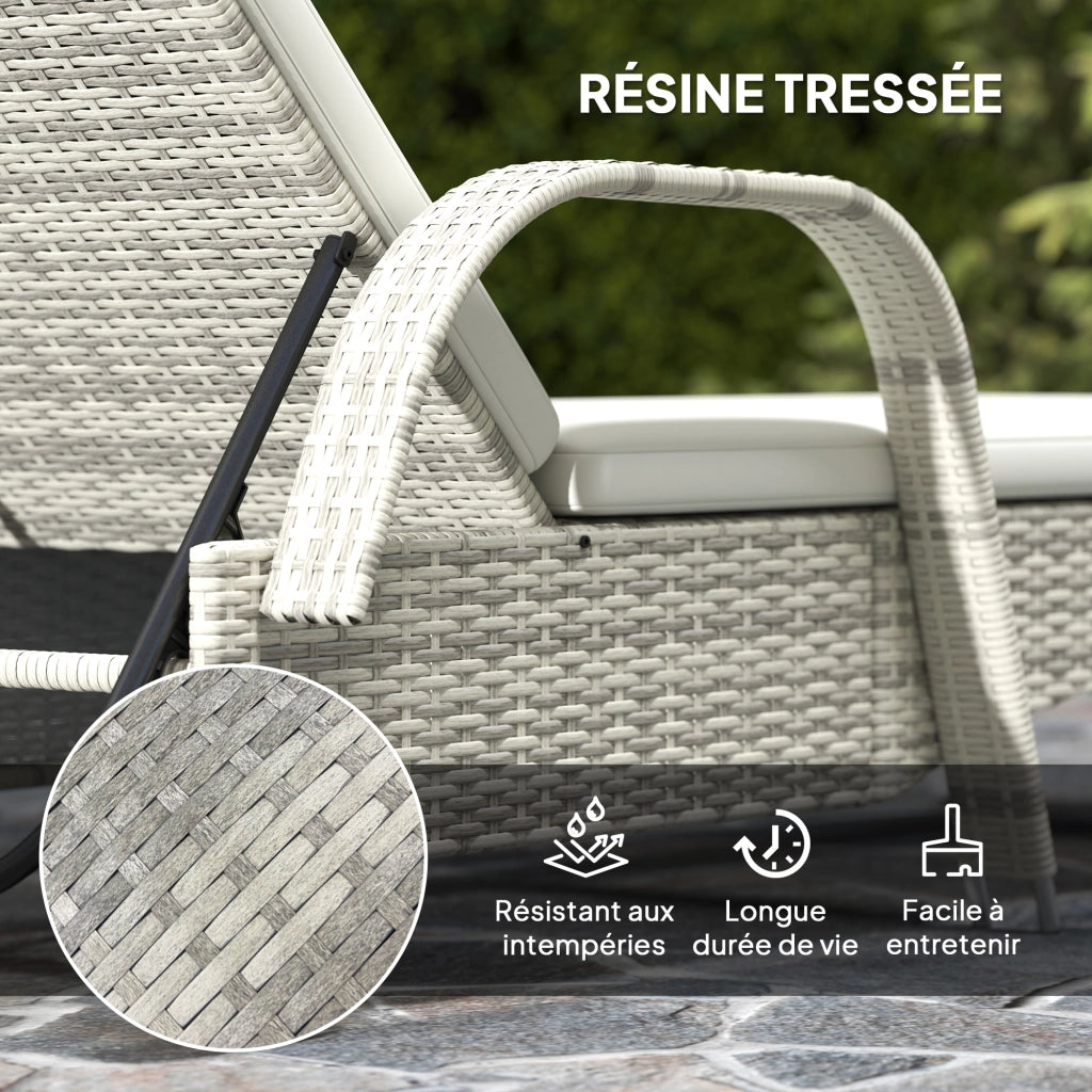 Set di 2 lettini prendisole ¨C zephmum ¨C con materasso, cuscini, regolabili, rotelle, tavolino in vetro temperato crema