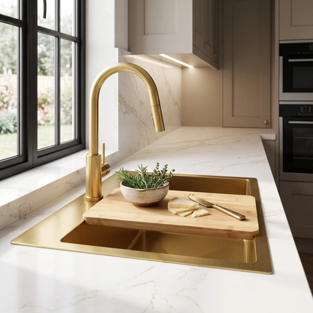 Lavello In Acciaio Con Set Di Accessori 3 Pz. Rea Leo 50 Brush Gold Accessori beige