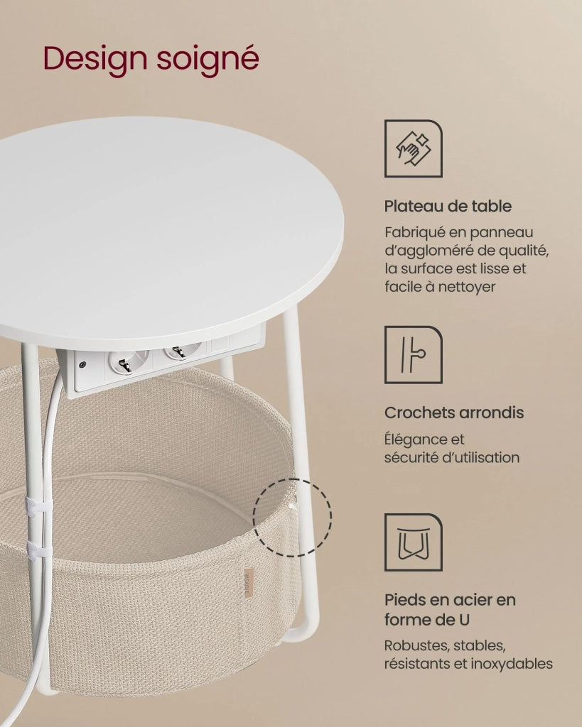 Tavolino rotondo piccolo con cestino in tessuto 45 x 50 cm contenitore per soggiorno/camera da letto/comodino stile moderno bianco 12_0006929