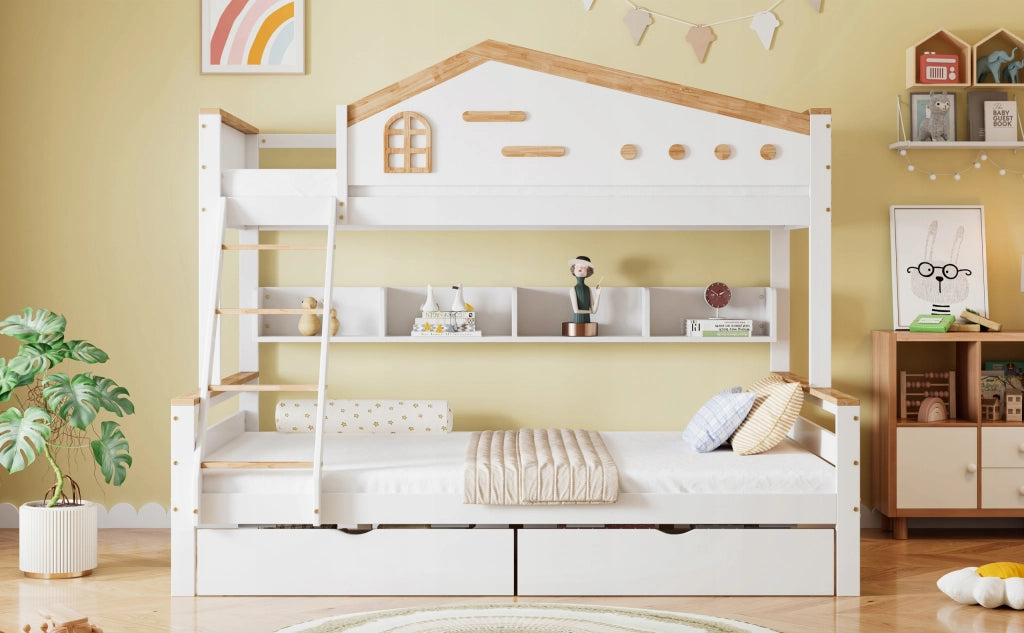 Letto a castello con scale e cassetti - Xylo - 90x200 - Bianco e legno