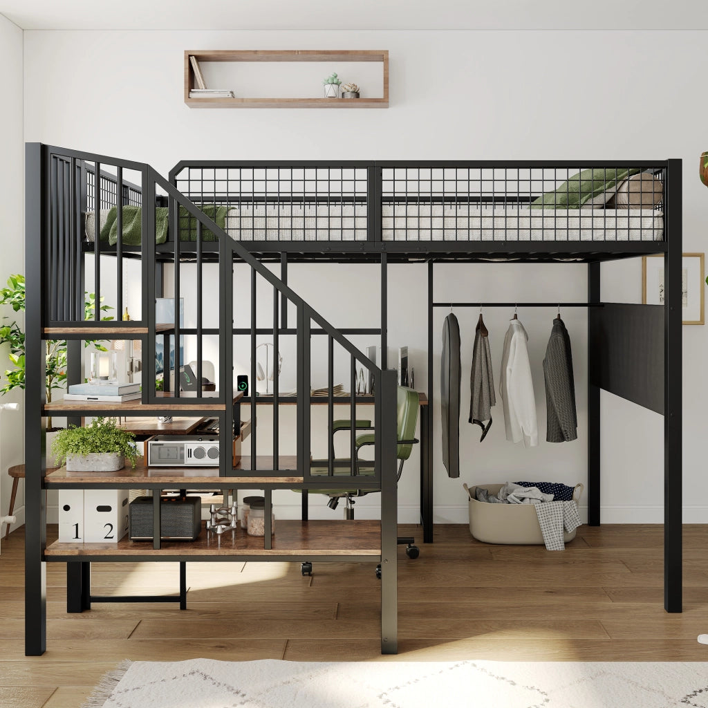 letto alto in metallo e legno nero 140 x 200 cm