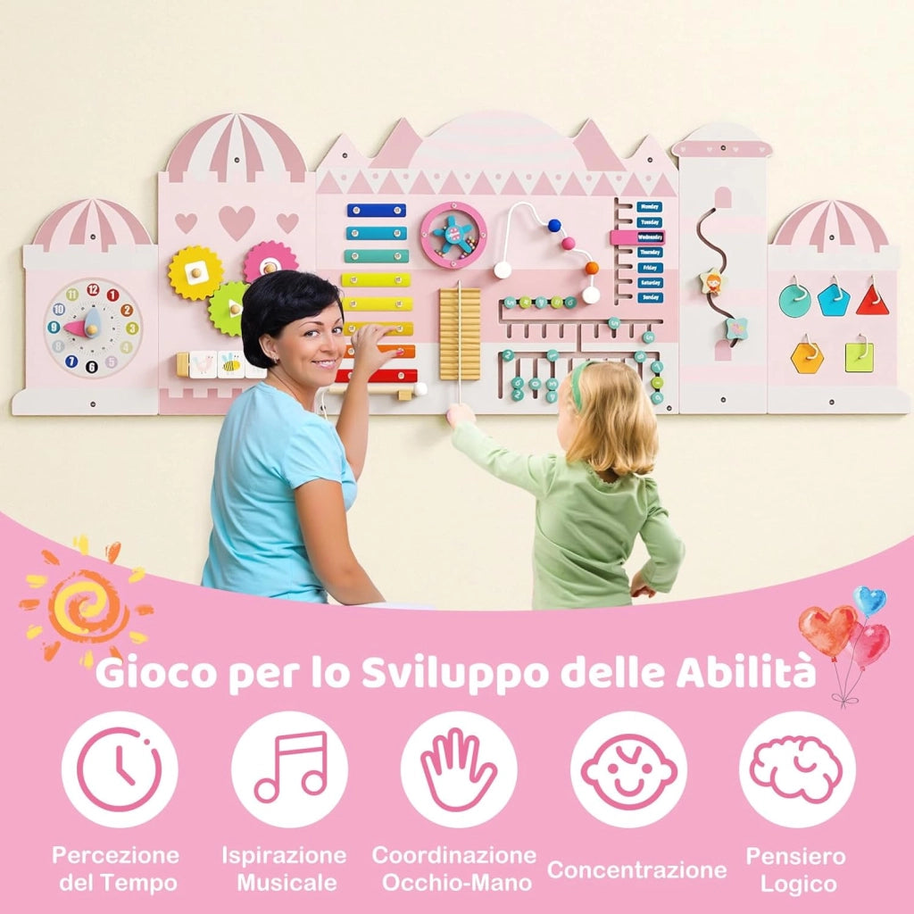 Pannelli da Parete con attività, Busy Board 11 in 1 Montessori in Legno per Sviluppo Sensoriale, Centro di attività Educativo Montato a Parete per Stanza Giochi, Asilo Nido (Castello)