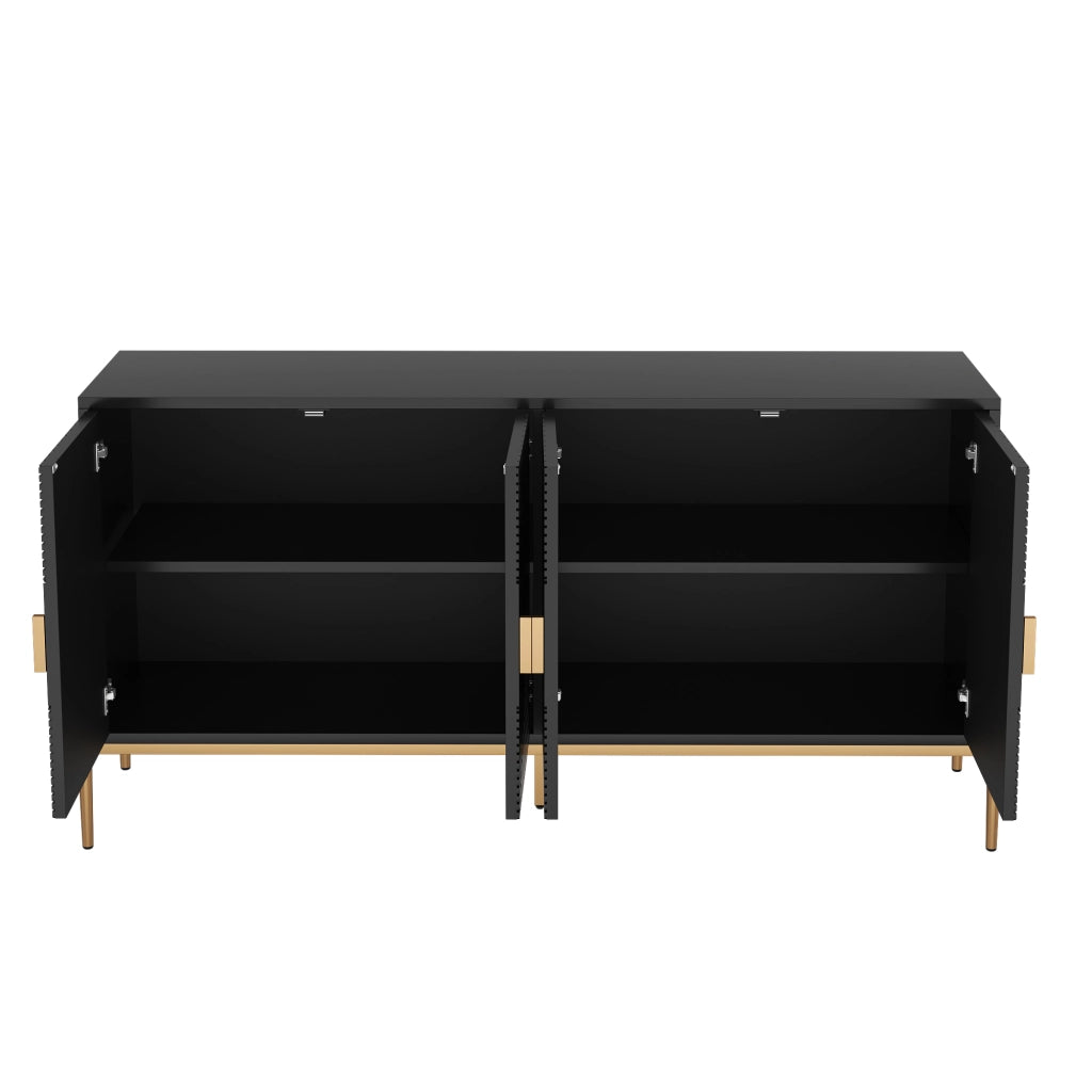 Credenza con 4 Ante e Gambe in Metallo; Motivo Geometrico 3D; Stile Moderno; in MDF; Nero; 162??40??80 cm