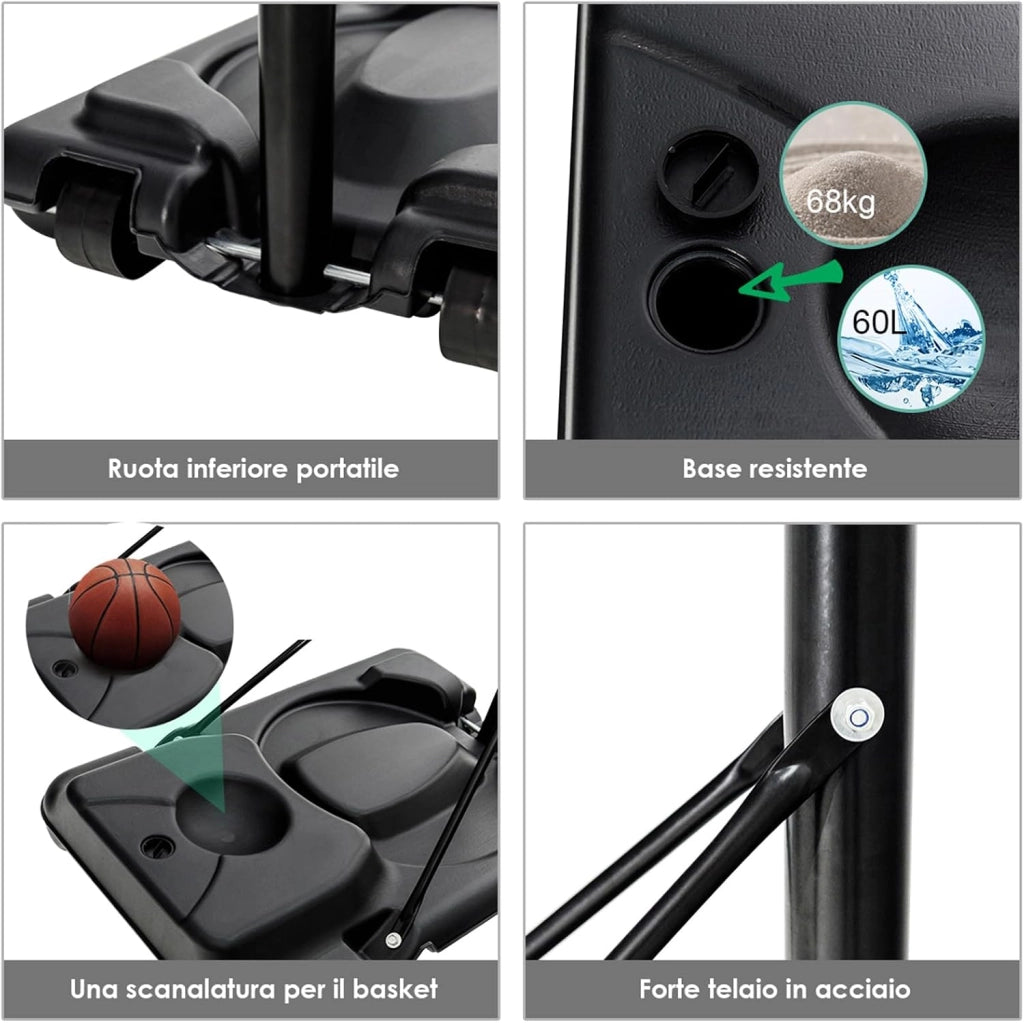 Canestro da Basket Portatile e Regolabile 180-305 cm, Canestro da Basket da Esterno ed Interno con Tabellone Resistente, Rete di Nylon e Base Riempibile, Ideale per Adolescenti e Adulti