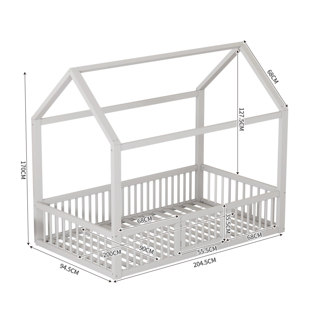 Letto a casetta per bambini 90x200 cm in legno bianco con sponde e porticina