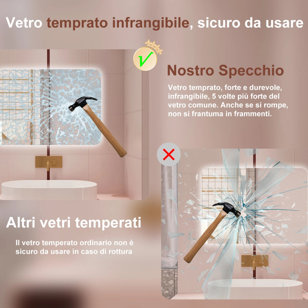 AICA Specchio da bagno 90 x 60 cm, dimmerabile, interruttore touch, Funzione Memoria