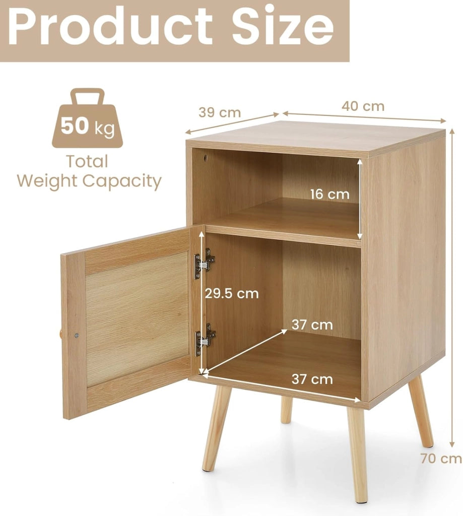 Comodino in legno, con porta in rattan e gambe in pino, tavolino con armadio e ripiano aperto, per camera da letto, soggiorno, 40 x 39 x 70 cm, naturale