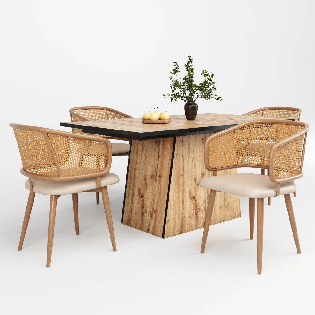 Set di 2 sedie da pranzo con schienale in rattan e seduta in PU beige e marrone