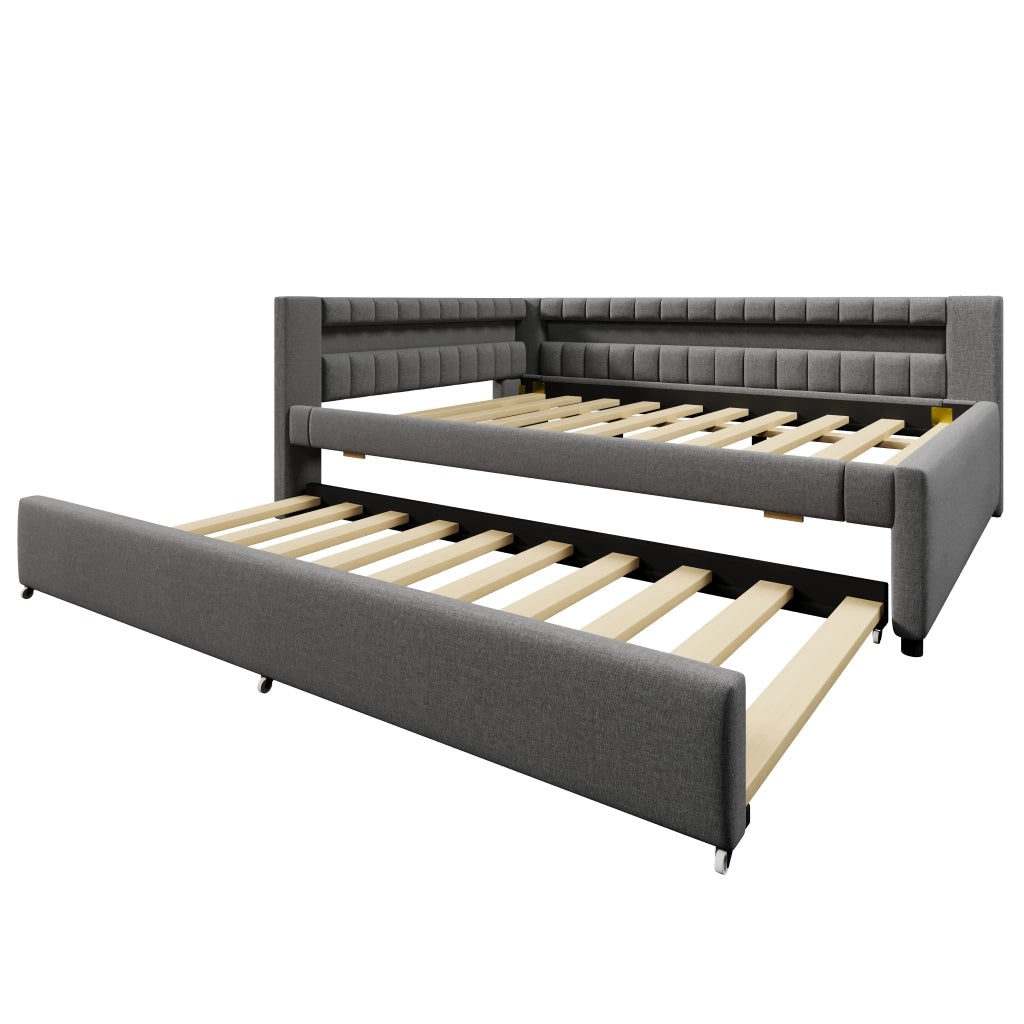 Letto estraibile imbottito in lino grigio 140x200 cm con LED e USB-C