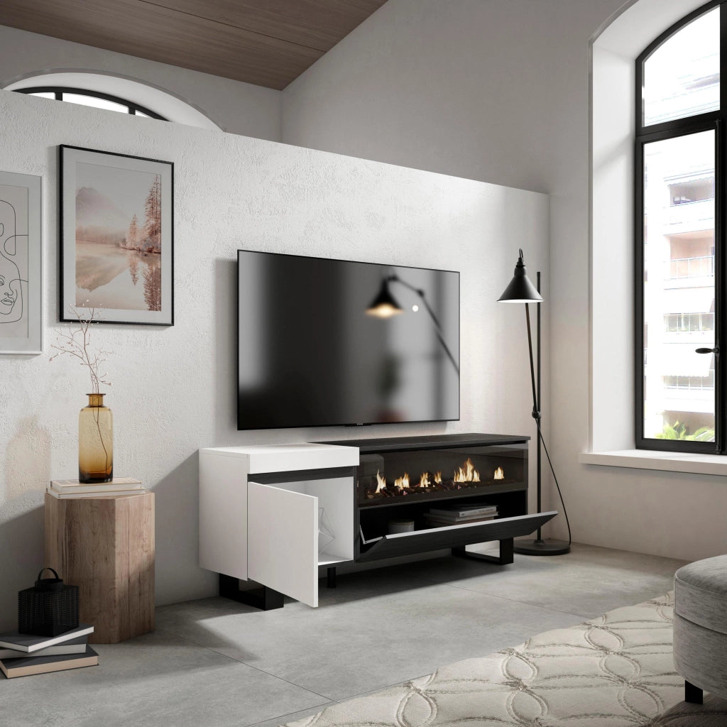 Mobile TV Soggiorno, 150x35x57cm, Per TV fino a 65", Camino elettrico, Design industriale, Bianco e nero RF2461