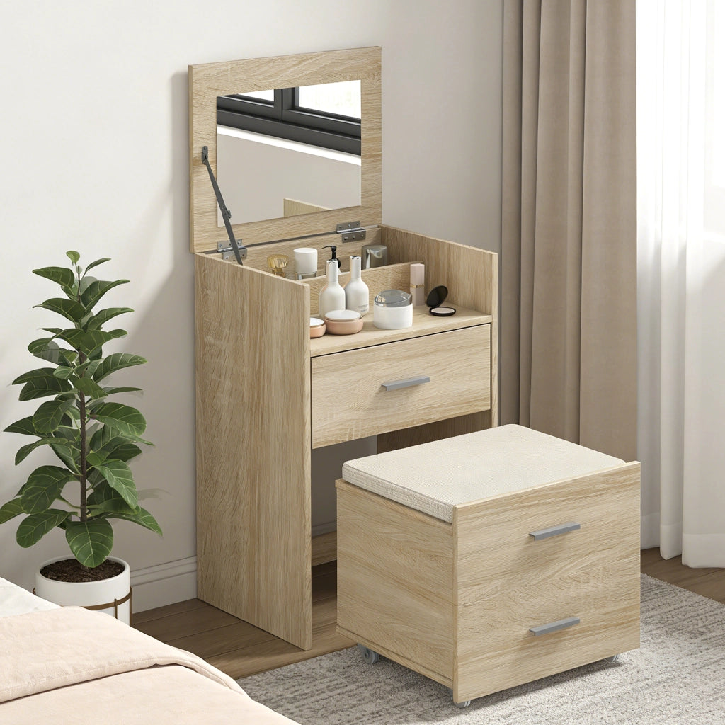 Tavolo Trucco Toeletta 50x40x113,5 cm con Specchio a Ribalta e Sgabello a Scomparsa in Legno Naturale