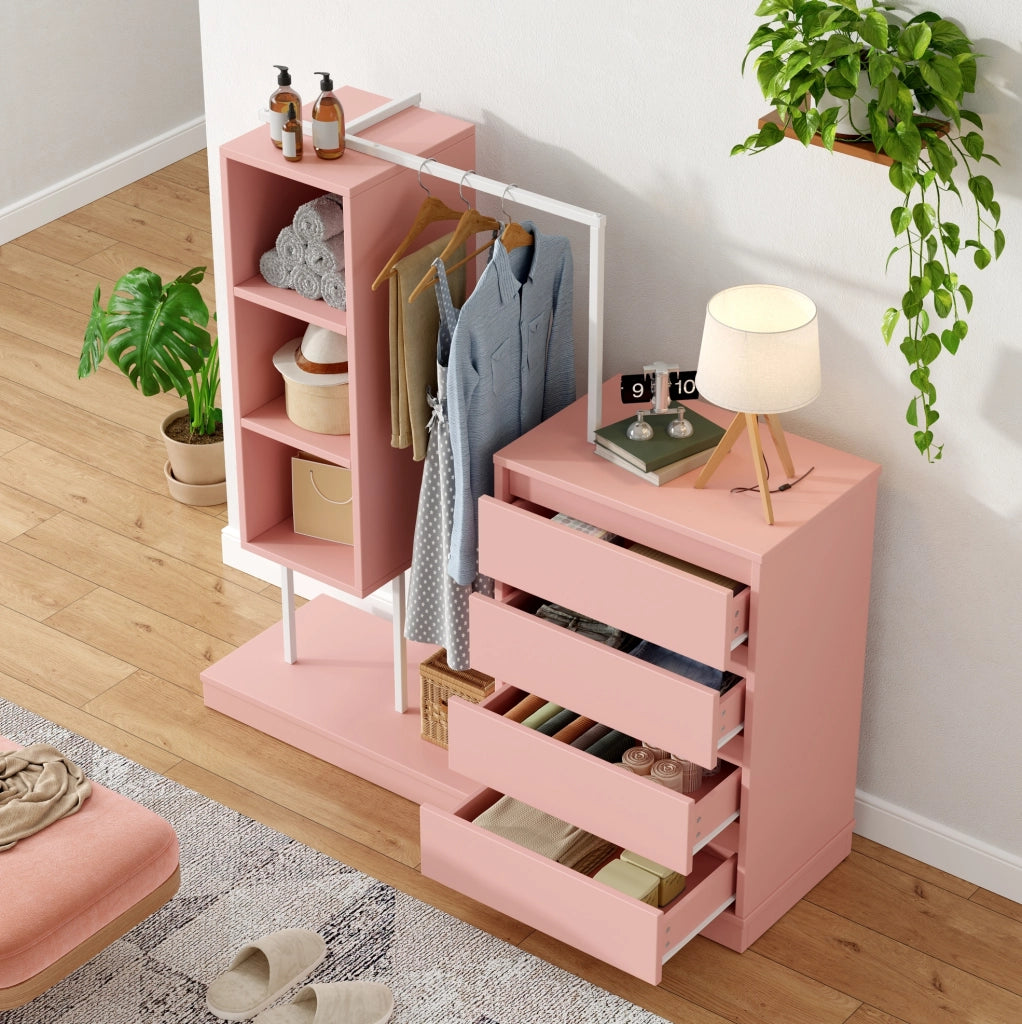 Scarpiera rosa e bianca con 4 cassetti, ripiani aperti e appendiabiti, 100x40x135 cm