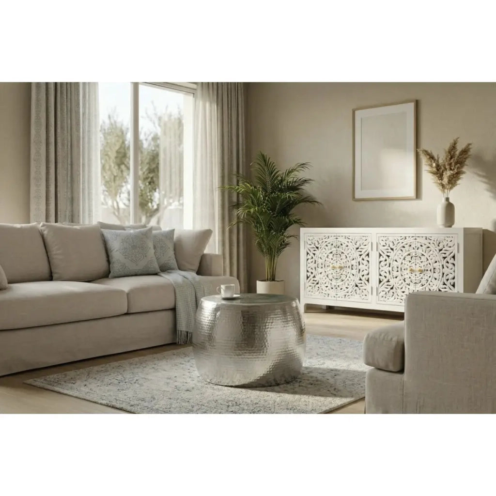 Tavolino basso TRIANE 60 cm in alluminio argentato – Tavolino rotondo design effetto martellato