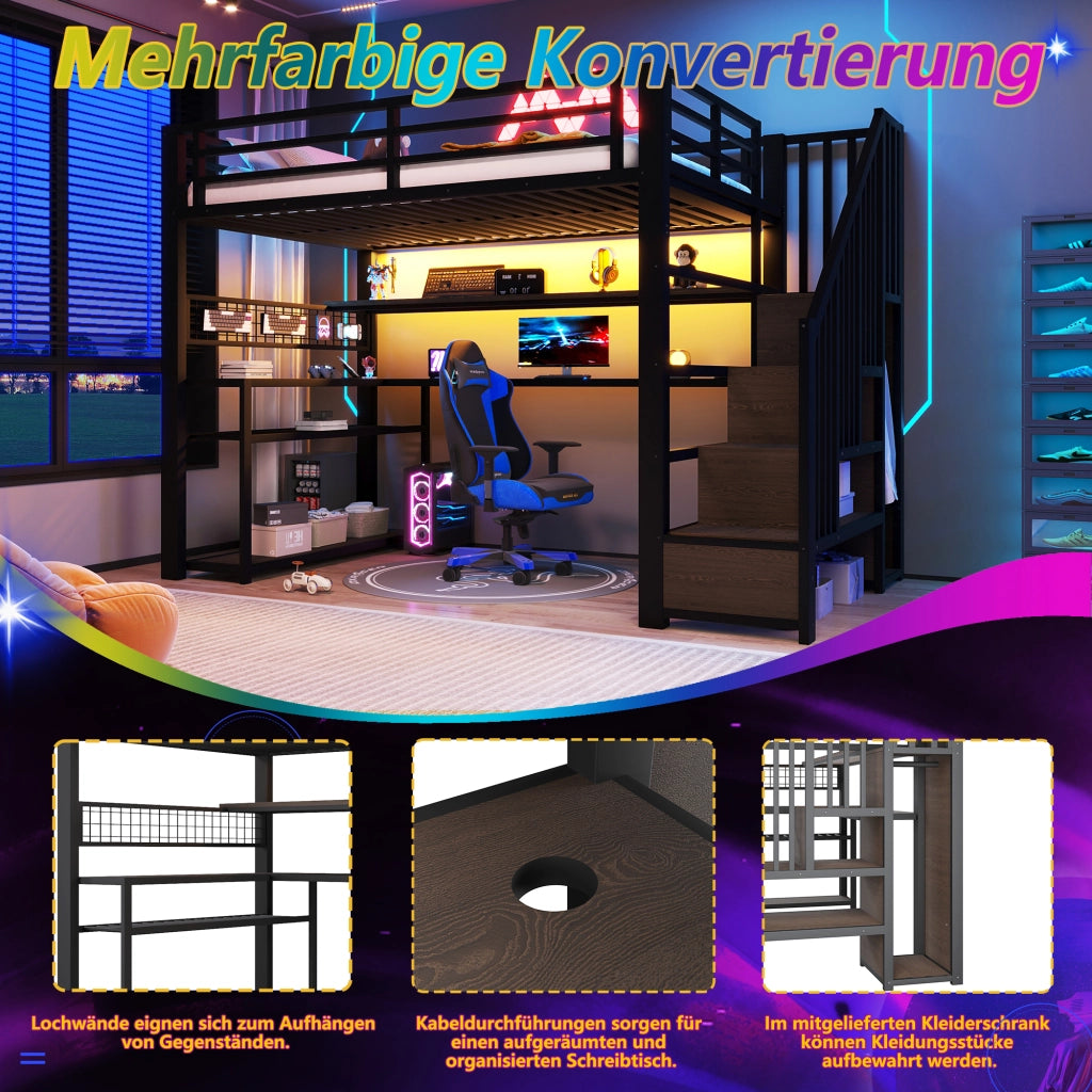 DESMIU Letto a soppalco 90 × 200 cm 1 posto con LED, scrivania, armadio e ripiano, senza materasso, nero