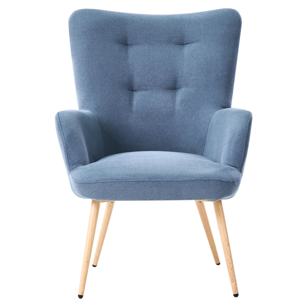 Poltrona Wingback con poggiapiedi in tessuto blu stile retrò con bottoni