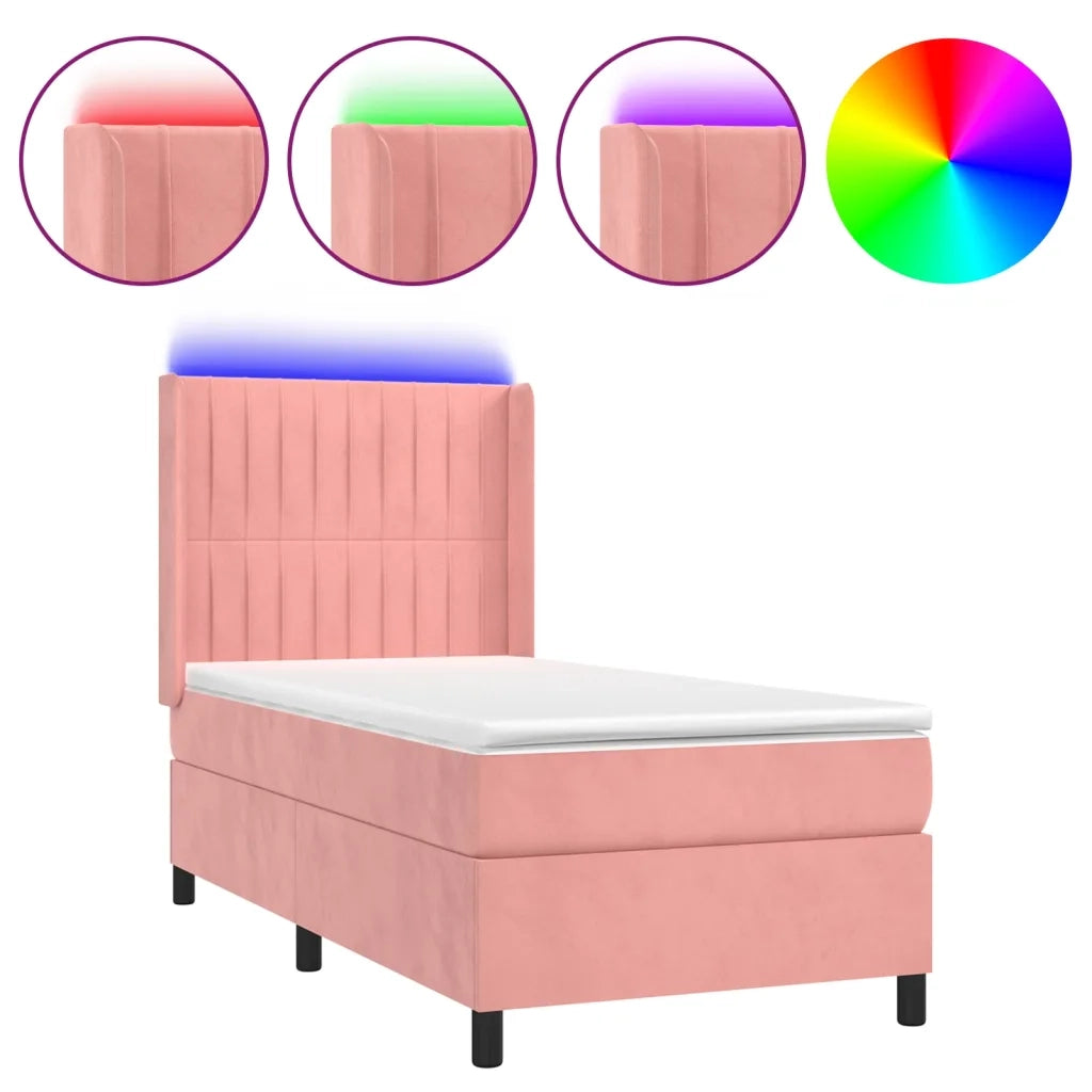 Letto a Molle con Materasso e LED Rosa 100x200 cm in Velluto 3139672