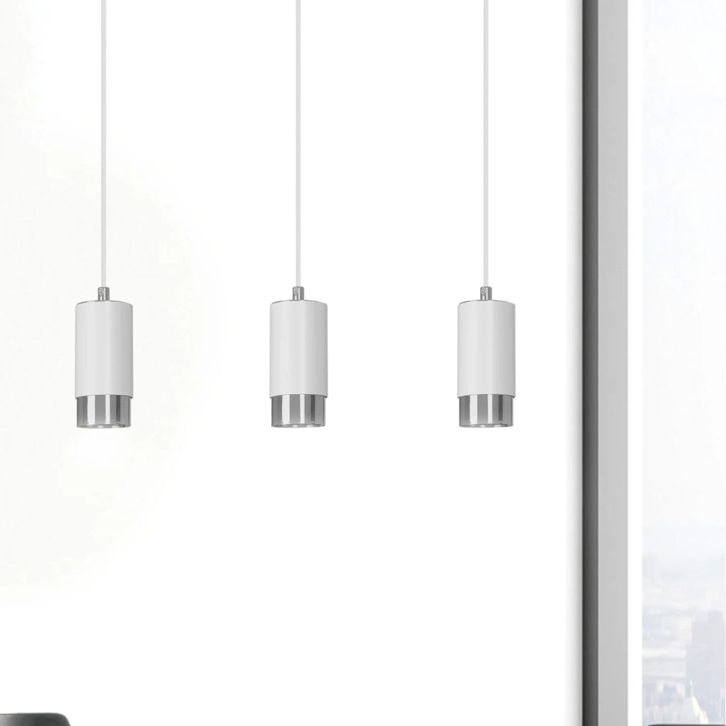 Lampadario 3 Luci Ivar Con Cilindri In Acciaio Bianco E Cromo