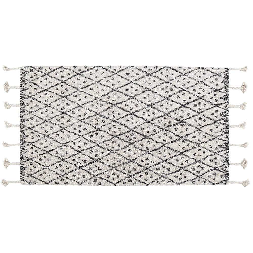 Tappeto cotone bianco sporco e nero 80 x 150 cm moderno orientale tribale nappe motivo geometrico