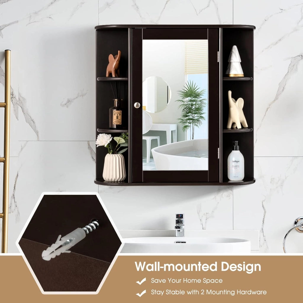 Armadietto Bagno a Parete, Mobiletto Pensile con Ante di Specchio, 6 Scomparti Laterali e 4 Ripiani di Stoccaggio, 3 Colori Disponibili, 65x17x64cm (Marrone)