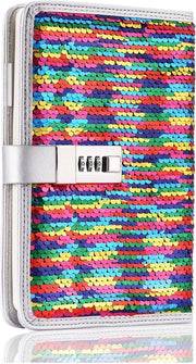 Dagboek con chiusura a chiave e contenitore per penna - Pailletten reversibili - Libretto personalizzato per donne - Regalo di compleanno - Arcobaleno a argento
