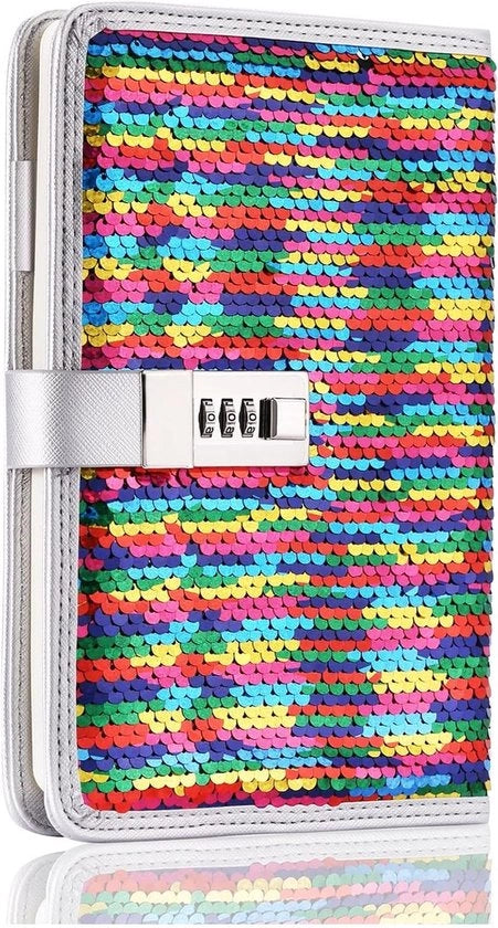 Dagboek con chiusura a chiave e contenitore per penna - Pailletten reversibili - Libretto personalizzato per donne - Regalo di compleanno - Arcobaleno a argento