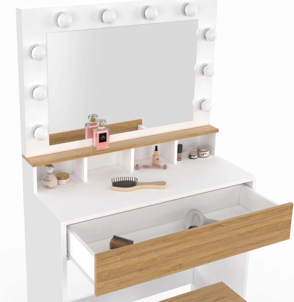 Mueble de tocador ZELIA blanco y haya con espejo LED, 4 huecos, 1 cajón y taburete