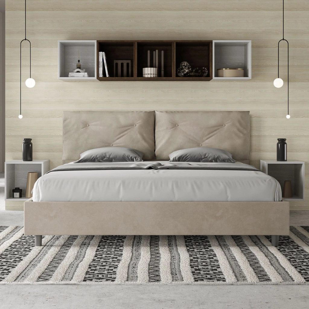 BS COM Letto matrimoniale king size contenitore imbottito 200x200 microfibra sabbia