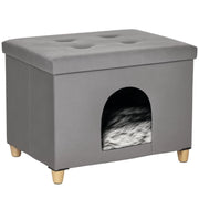 Pouf per gatti 2 in 1 con cuscino e ingresso frontale in MDF grigio 60 × 45 × 44.5 cm