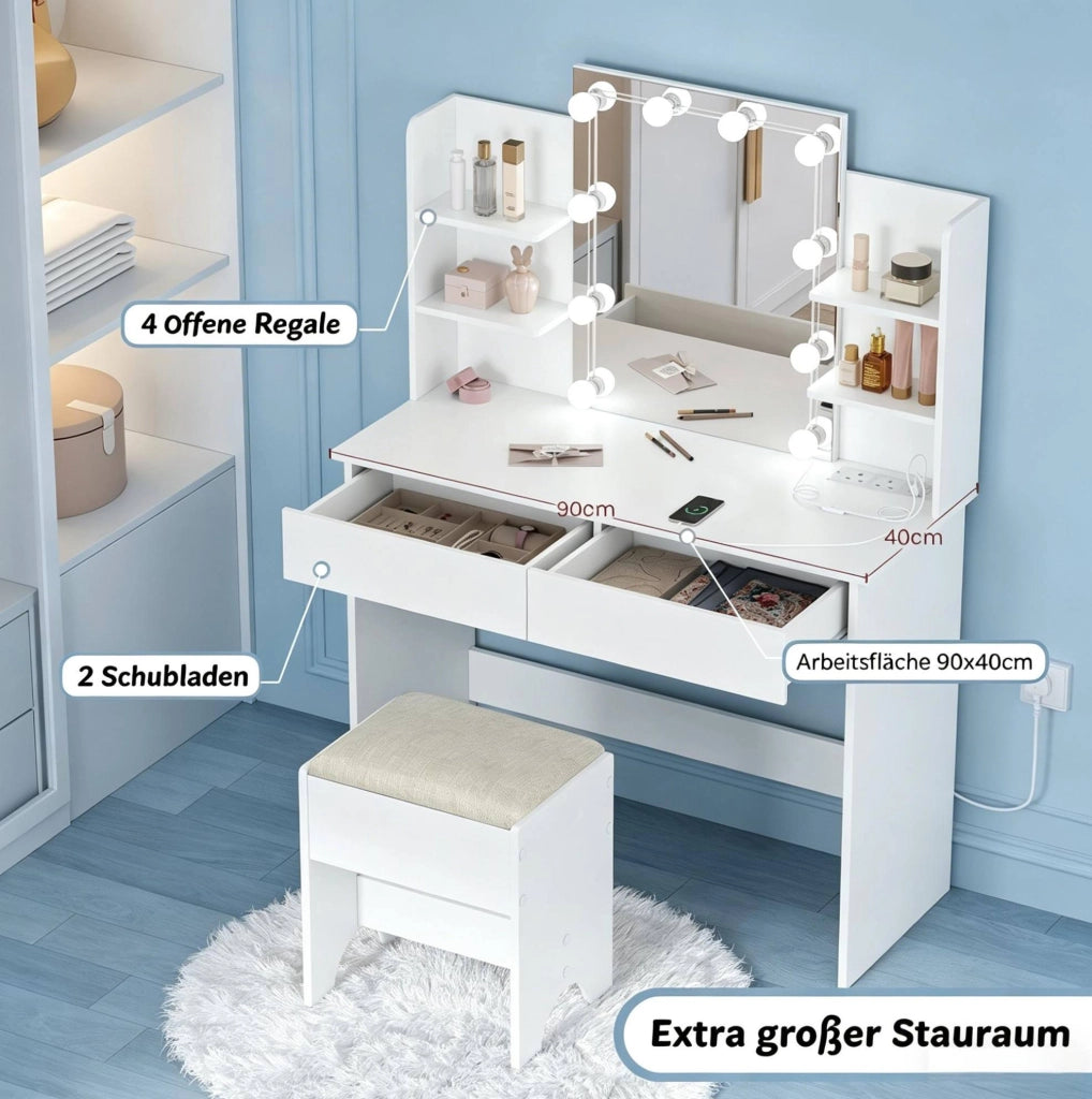 Tavolo da trucco bianco con specchio, luci e prese USB