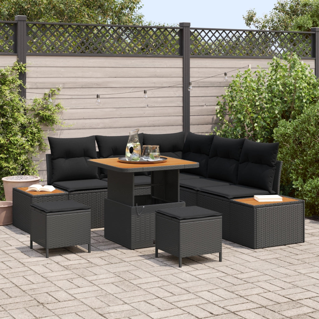 Set di 8 Pezzi Divano da Giardino con Cuscini Nero Polyrattan Acacia