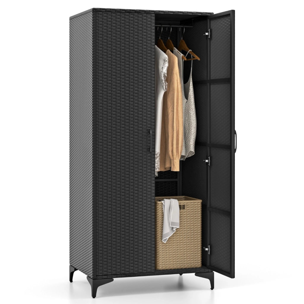 Armadio in vimini con 2 ante asta appendiabiti e 4 cubi di stoccaggio, Armadio guardaroba da 157cm Nero-Armadi Appendiabiti