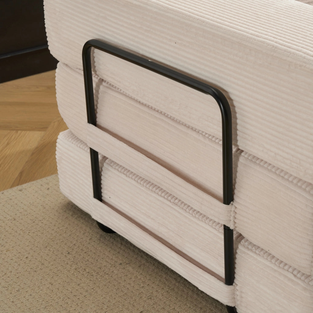 Divano letto pieghevole da pavimento con schienale e braccioli in velluto a coste bianco 185 × 92,5 × 60 cm