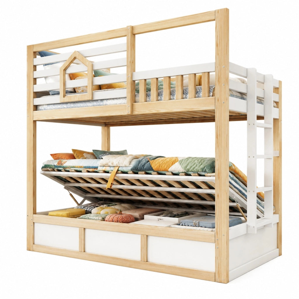 Letto a castello per bambini 90x200 cm in legno; stile casetta; bianco e rovere con scala dritta e contenitore