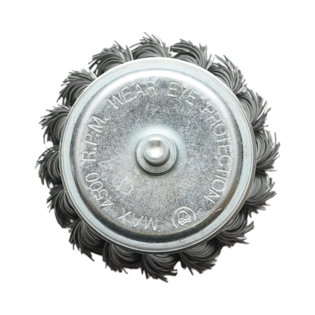 Spazzola a tazza in filo metallico ritorto da 75 mm, albero da 6 mm, velocità massima 4500 giri/min. Breckner Germany