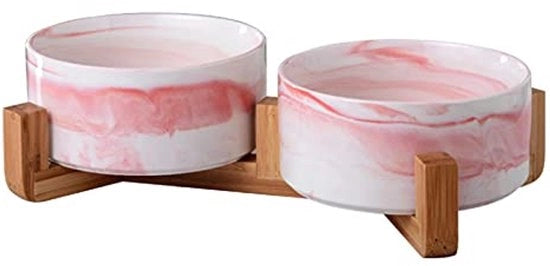 Piatto per cibo per cani in ceramica con contenitore in bambù, piatti per cibo elevati (doppio 13,5 cm, marmo rosa)