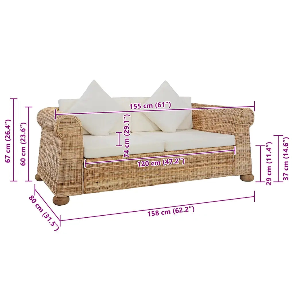Divano a 2 Posti con Cuscini in Rattan Naturale cod mxl 9992