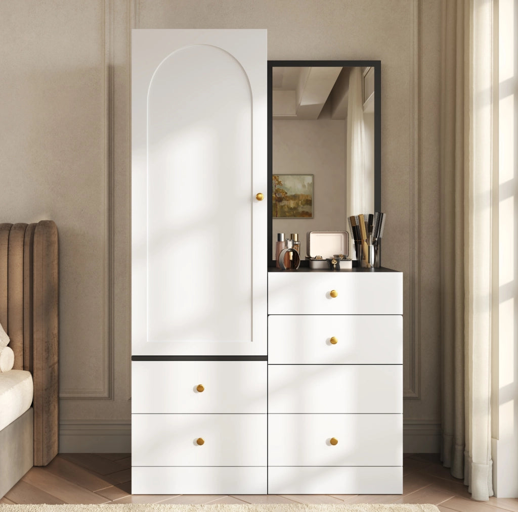 Armadio combinato con specchio a figura intera e sgabello estraibile 90x50;5x160 cm; MDF bianco e nero