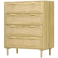 Mobile Cassettiera 4 Cassetti Stile Boho in Legno e Rattan, 90x45x108.5cm, Rovere