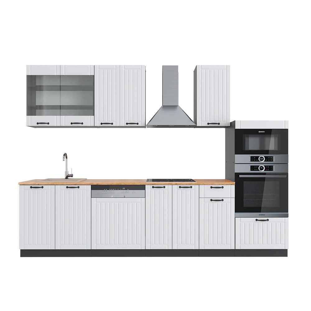 Cucina componibile Fame-Line Bianco rustico/Antracite 300 cm con armadio alto, PL Rovere Vicco