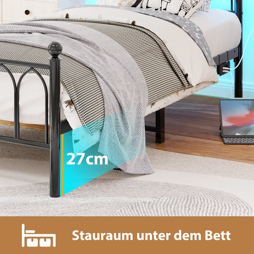 LETTO in metallo 90x200 cm Nero con LED, USB e presa, senza materasso