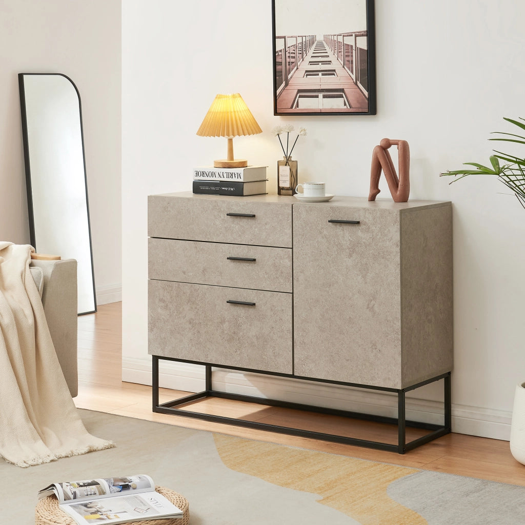 Comò Lavangen con Anta e 3 Cassetti 75 x 100 x 35 cm Nero / Effetto Cemento Chiaro [en.casa]