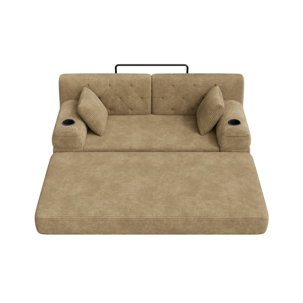 Divano letto 2 posti in corduroy con schienale alto, 4 tasche laterali, 2 portabicchieri, struttura in metallo, khaki
