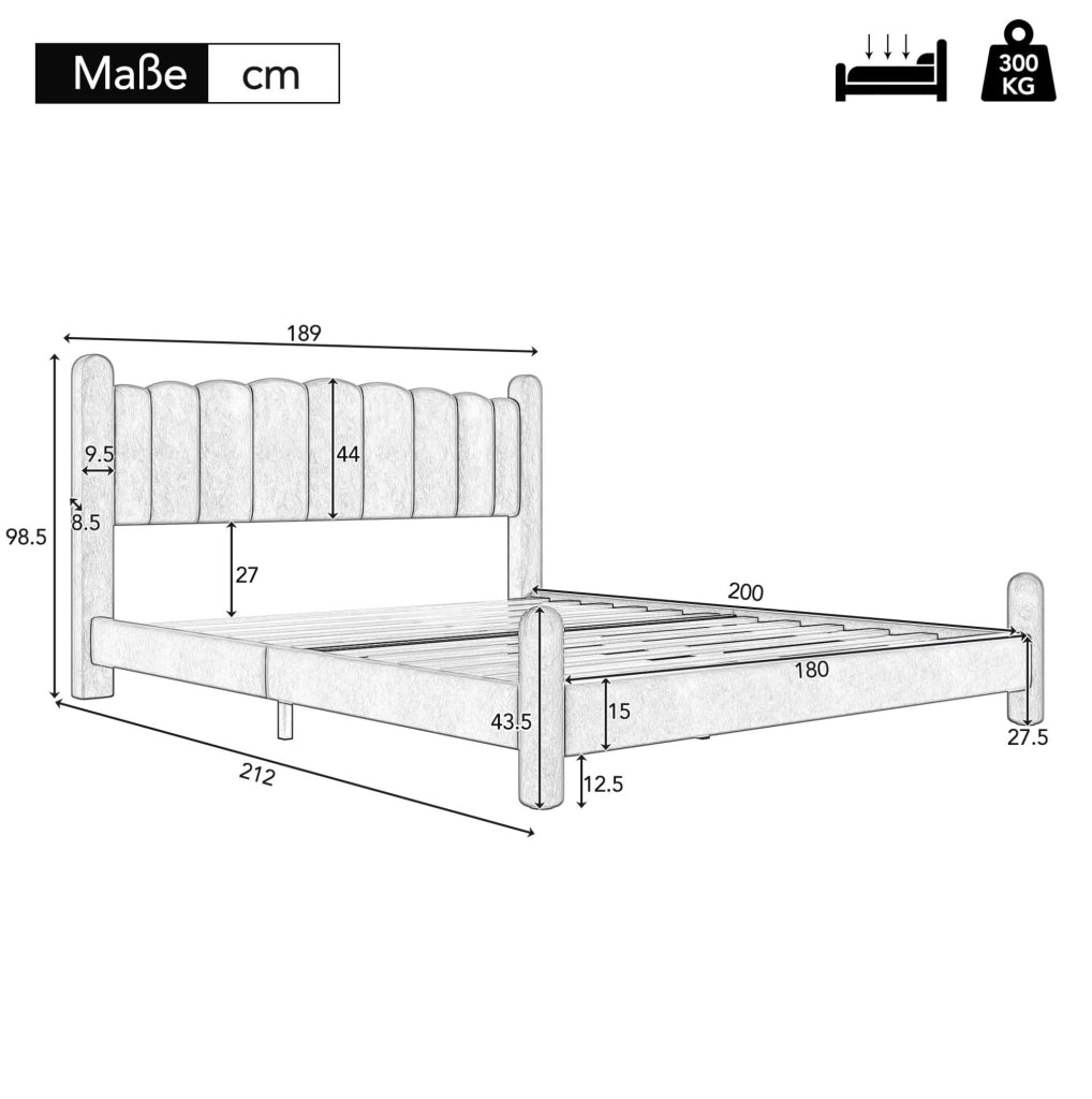 Letto imbottito 180x200 cm in velluto beige con testiera ondulata e rete a doghe