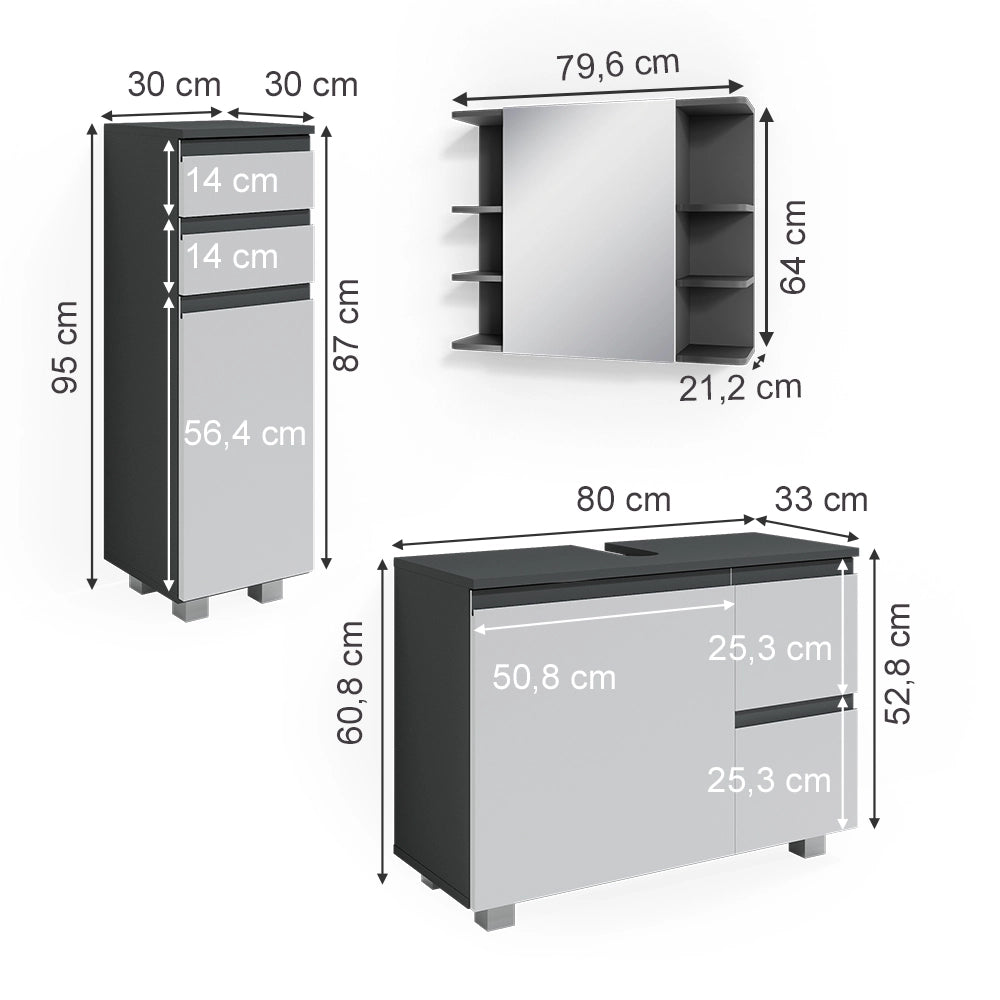 Vicco Set mobili bagno Antracite 3 parti, con armadio midi