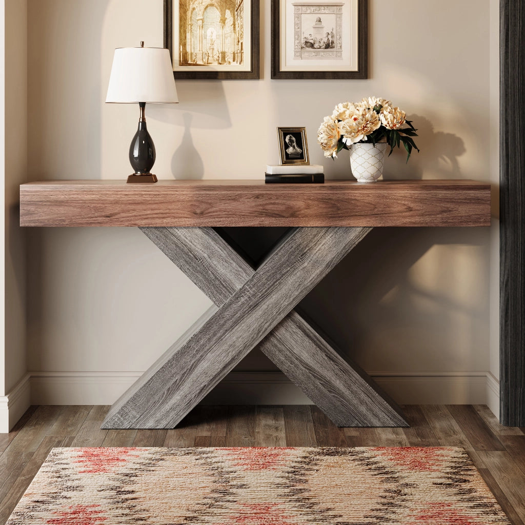 Consolle con struttura a croce a X e piano in truciolare, per ingresso e soggiorno, noce, 140 × 30 × 80 cm