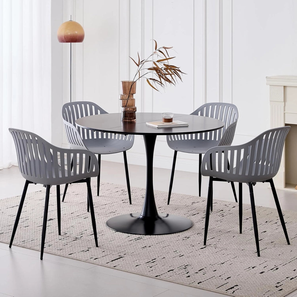 GrandCA HOME Set Tavolo e Sedie da Pranzo Moderno, Tavolo Rotondo da 110CM con 4 Sedie, Gambe in Legno di Faggio, Adatto per Soggiorno, Balcone, Giardino (Bianco)