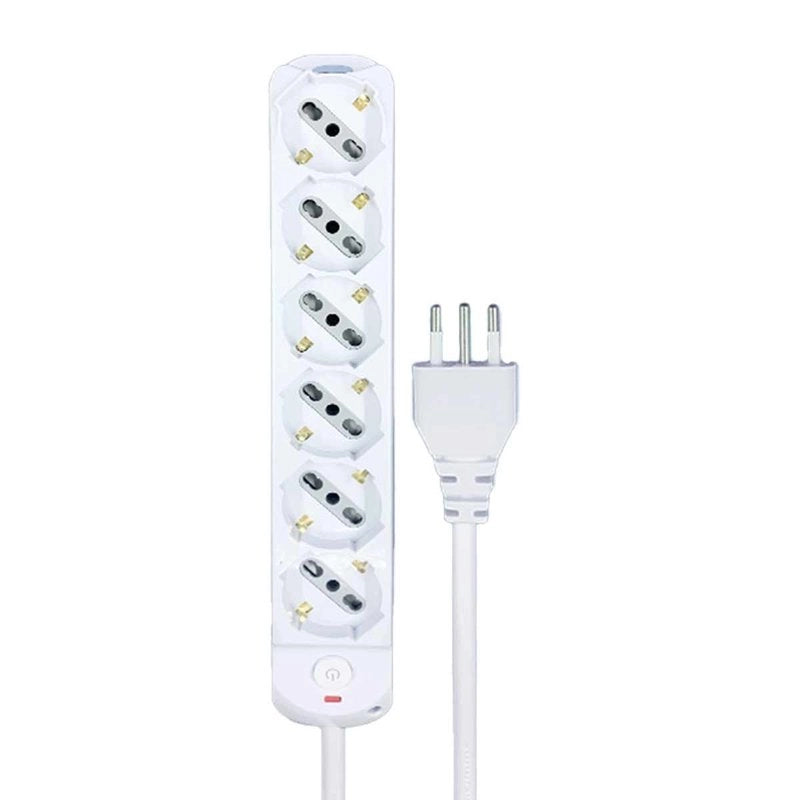 Multipresa Ciabatta Elettrica a 6 Posti 6 Prese Bipasso Schuko 10A/16A con Interruttore e Spina 10A Cavo 1.5 metri Bianco
