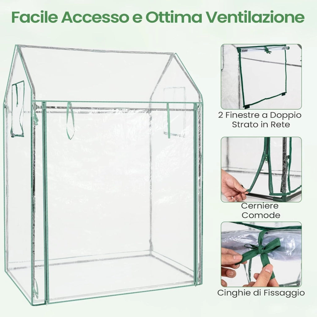 Mini Serra da Esterno ed Interno 129 x 80 x 173 cm, Serra per Pomodori con Copertura Trasparente in PVC, Rete per Ombreggiatura, Porta e Finestre, Ideale per Giardino, Cortile e Terrazzo