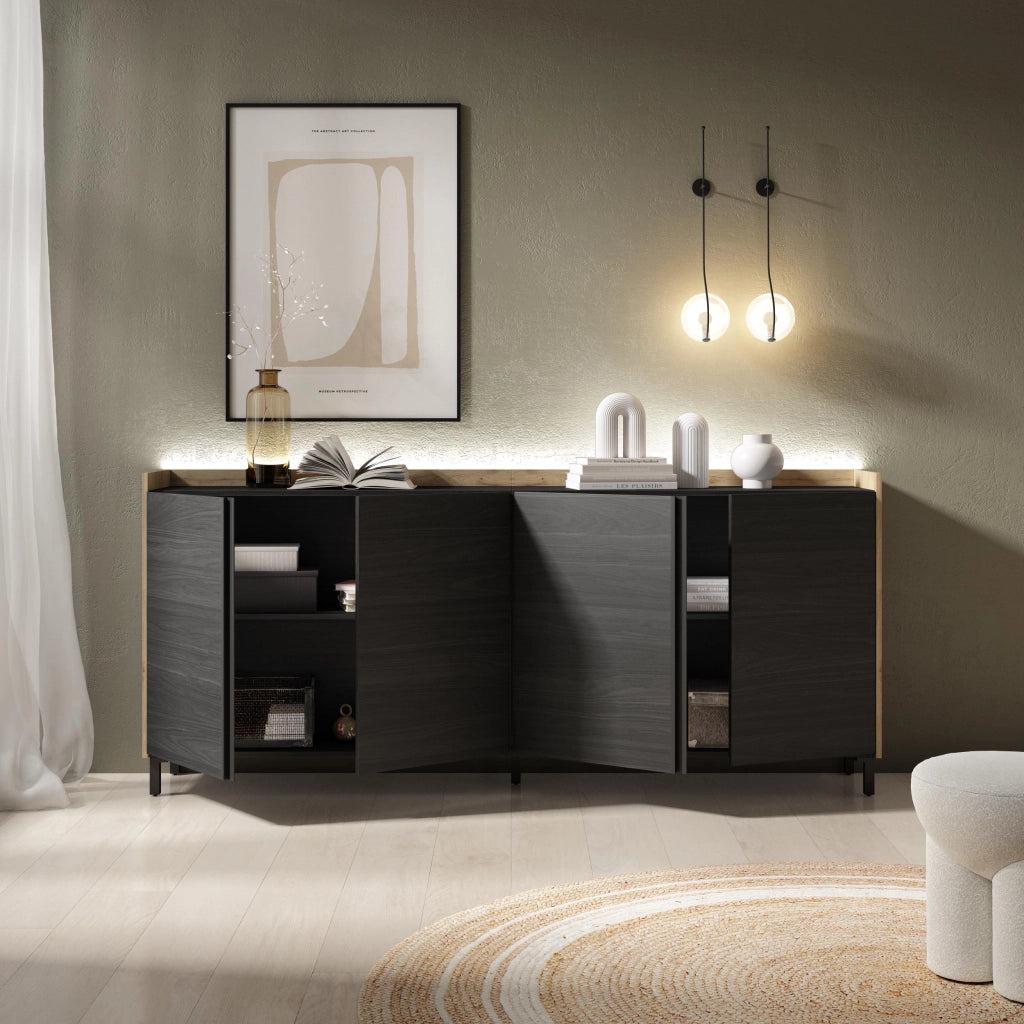Credenza, Mobile, Cucina, 207x91x35 cm, 4 Porte, Design industriale, LED, Nero e rovere
