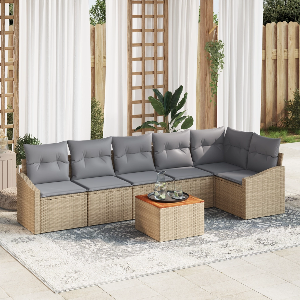Set Divano da Giardino 7 Pezzi con Cuscini Beige Polyrattan Acacia
